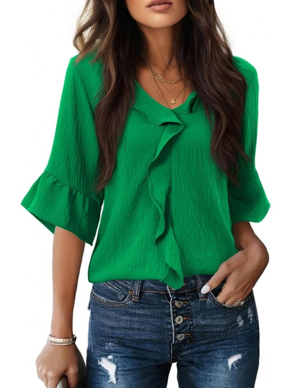 Chic 3/4 Sleeve Ruffle Bell Top | Dressy Casual Blouse for Work & Spring Style